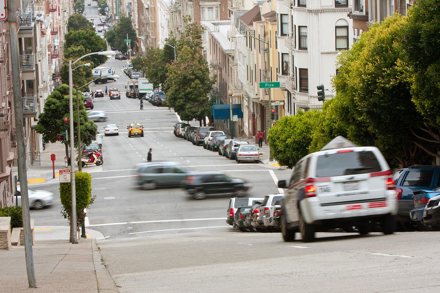 Cars Motion Blur Travelling Down Hilly San Francisco Streets