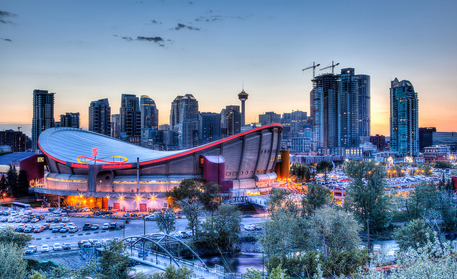 Sunset Over Downtown Calgary And Saddledome